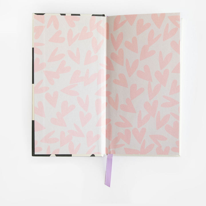 slim hardcover 2026 diary inside cover with pink hearts design