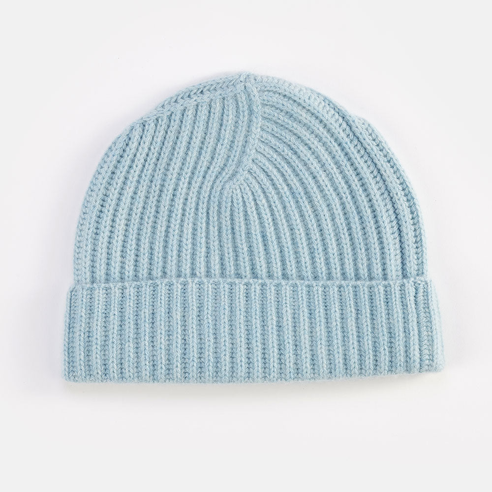light blue pure cashmere rib beanie hat