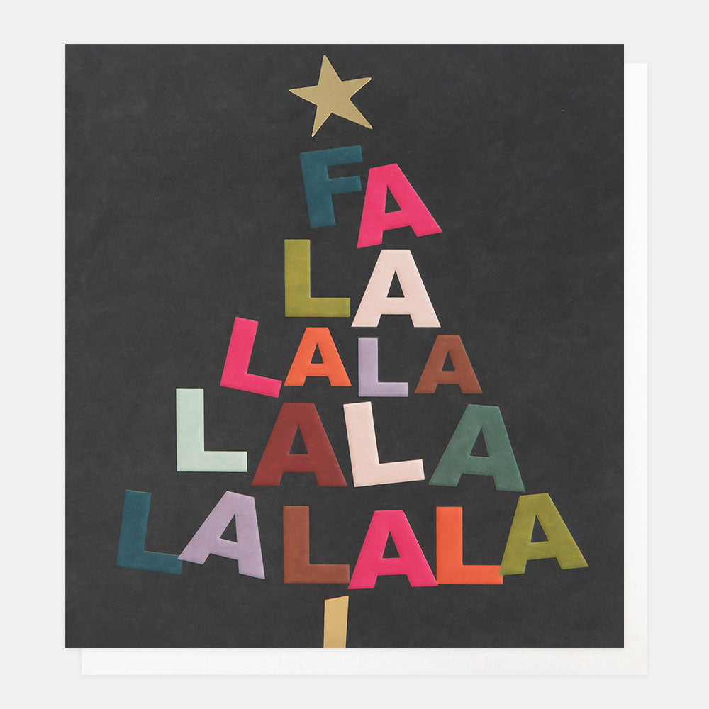 Christmas card featuring the text 'fa la la la la' in a Christmas tree shape with a star on top, on a dark background