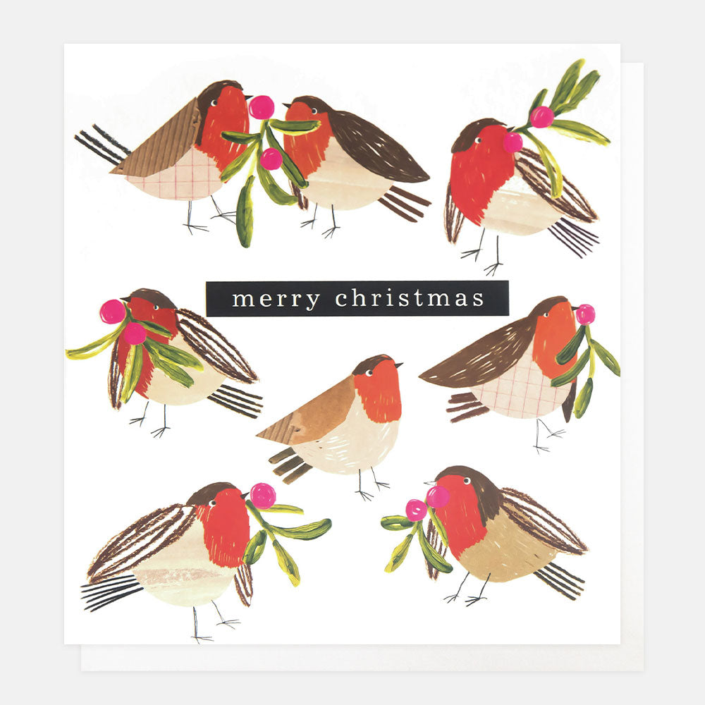 Illustration of robins holding mistletoe with 'merry christmas' text on a white background