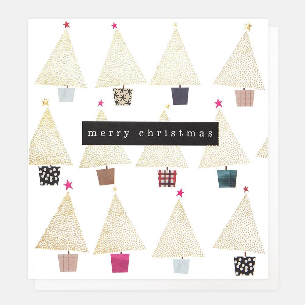 Christmas card with design of gold dotty Christmas trees in patterned pots and the message 'merry Christmas' in a black box