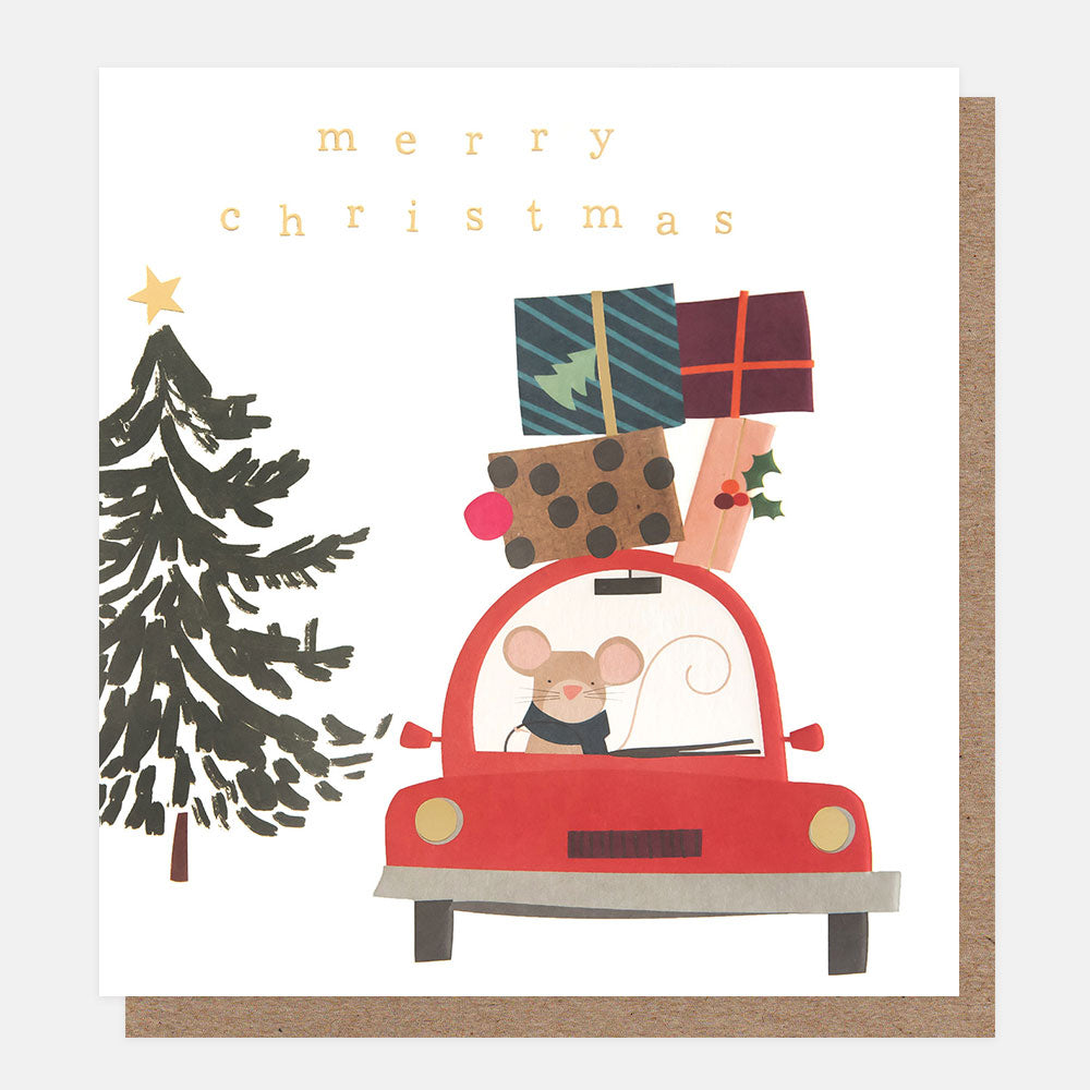 Christmas card featuring a design of a mouse driving a red car loaded with presents on top, and Christmas tree