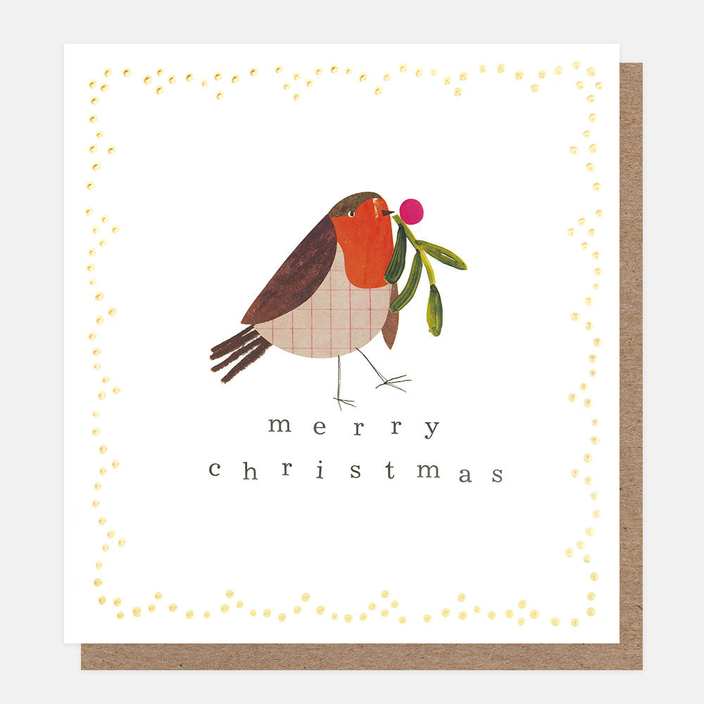 Christmas card with a robin holding mistletoe on a white background