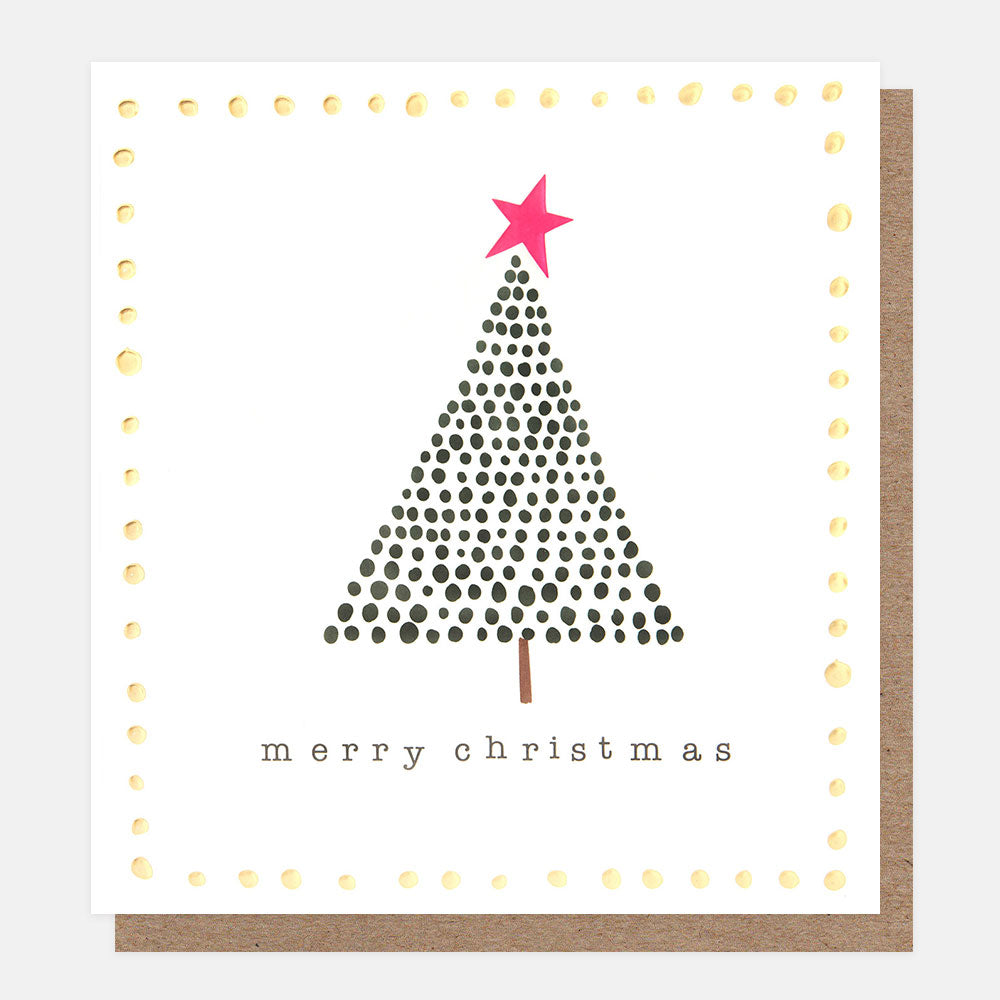 Christmas card with a dotted tree design and pink star on a white background