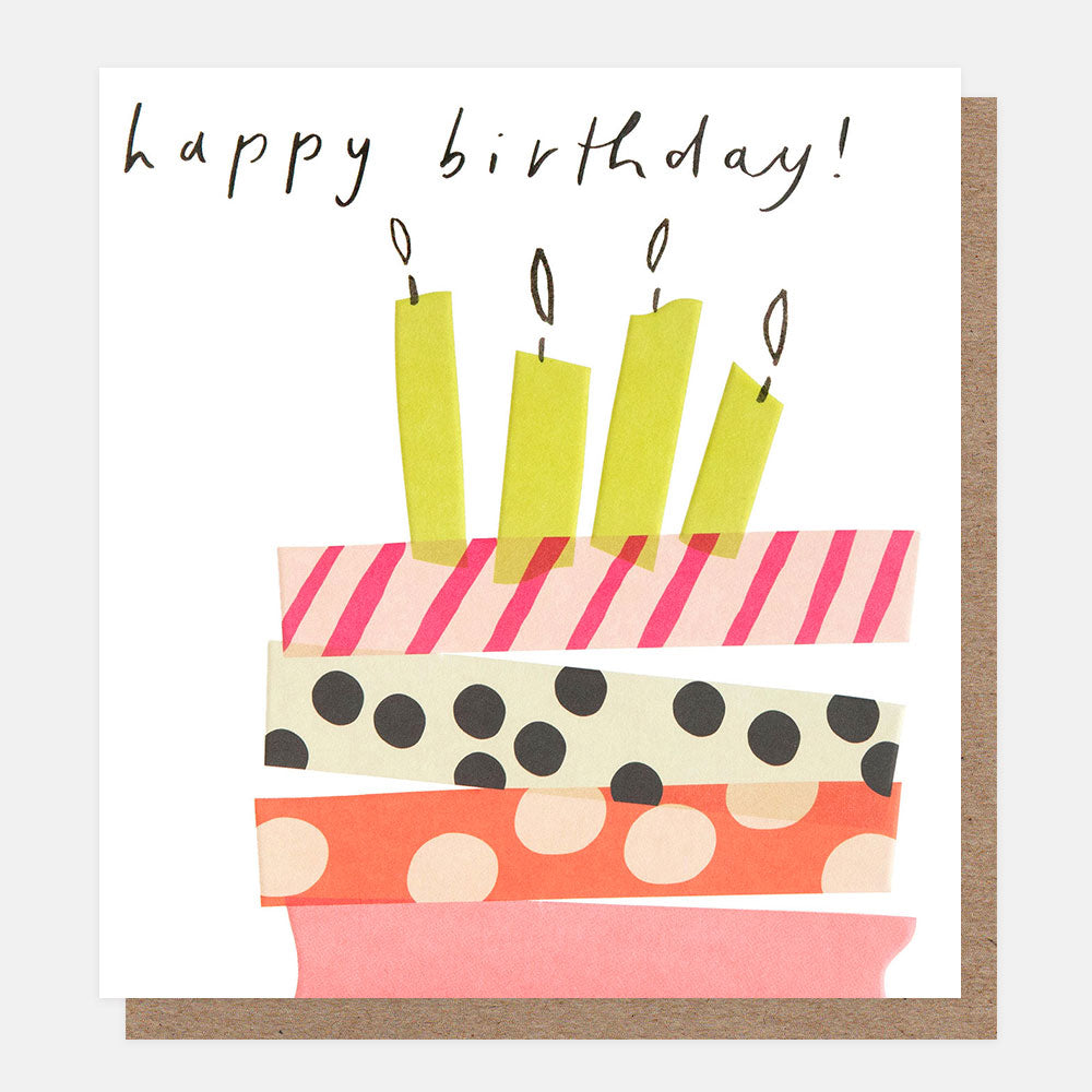 Birthday card with colorful cake design and candles on a white background