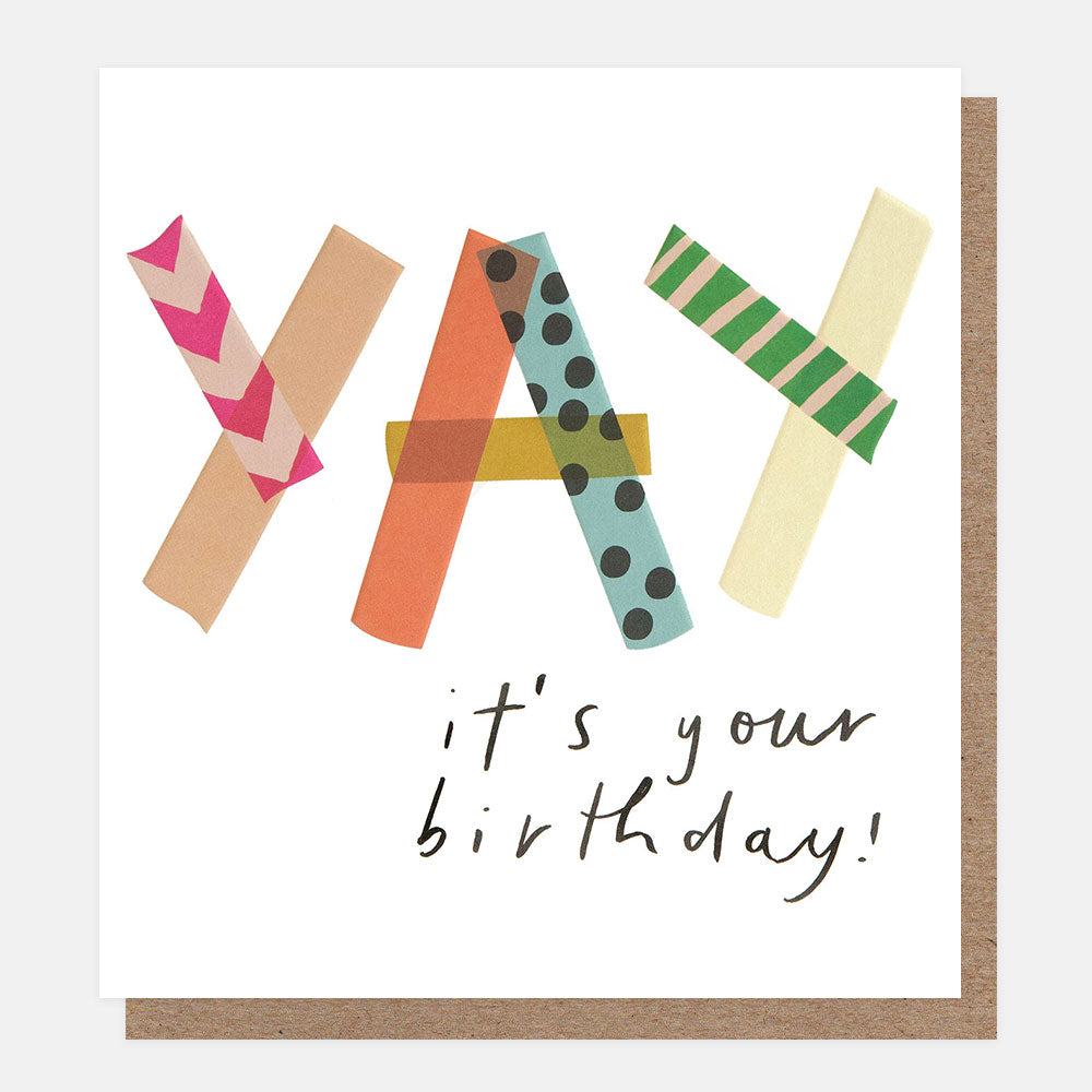 birthday card with colourful 'yay' in washi tape and the words it's your birthday