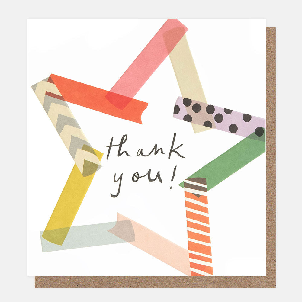 Colorful star-shaped card with 'thank you!' text on a white background