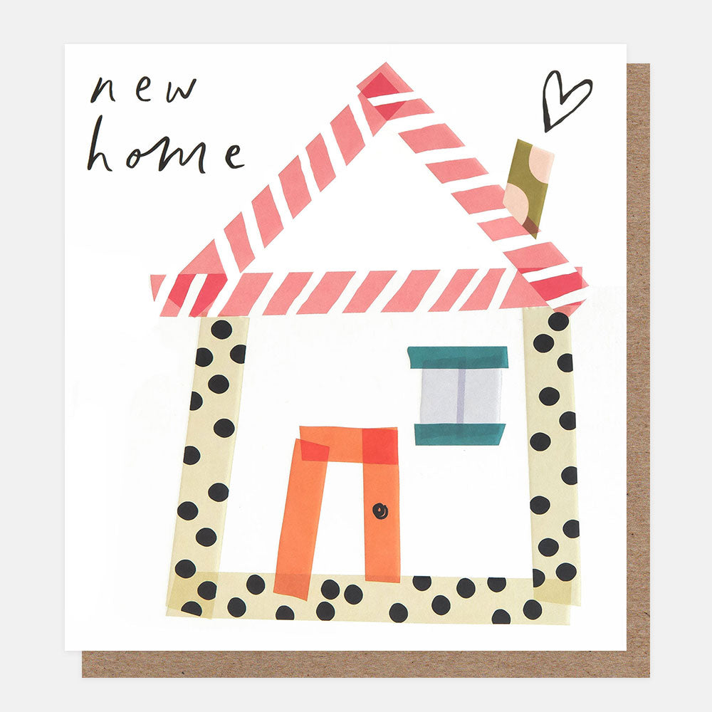 Greeting card with a house illustration and 'new home' text on a white background