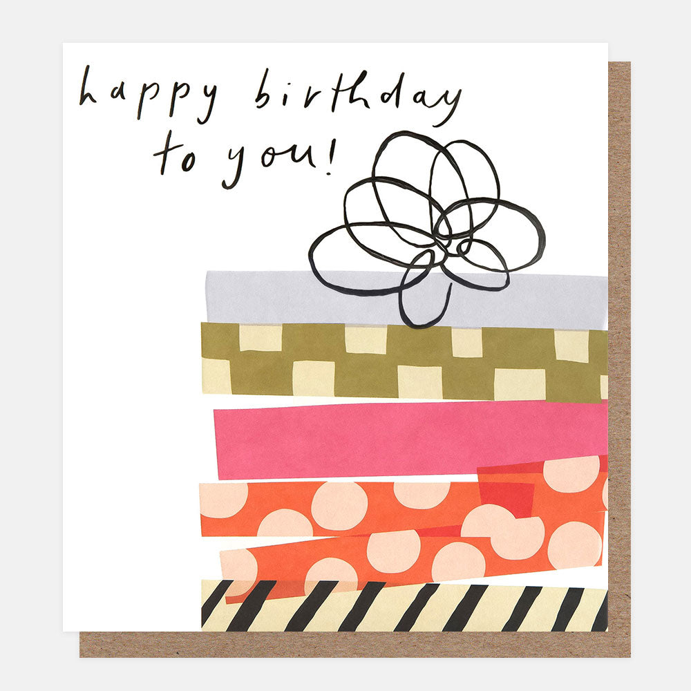 Colourful birthday card with a wrapped present and 'happy birthday to you!' text