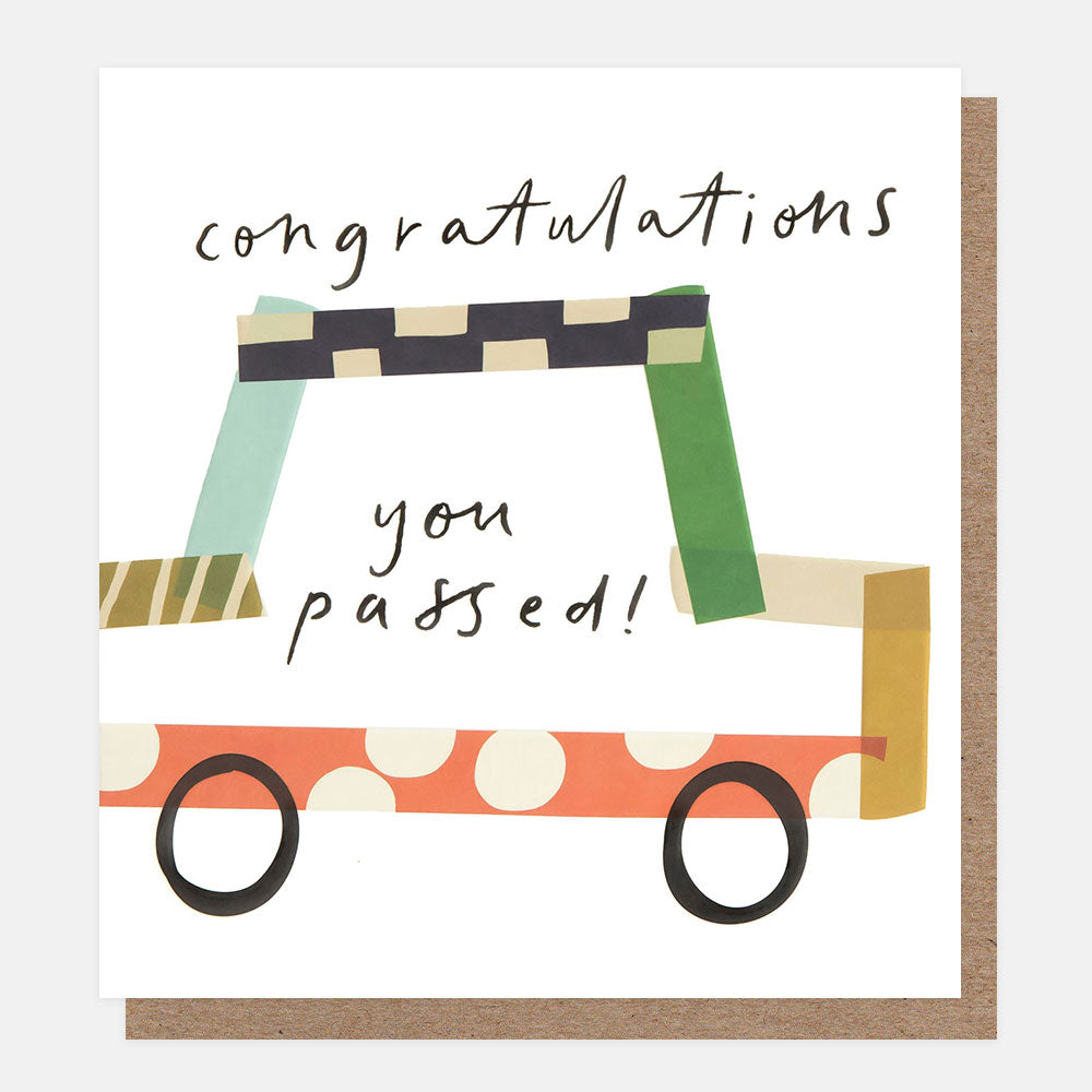 Card with a colorful car design and 'Congratulations you passed!' text on a white background