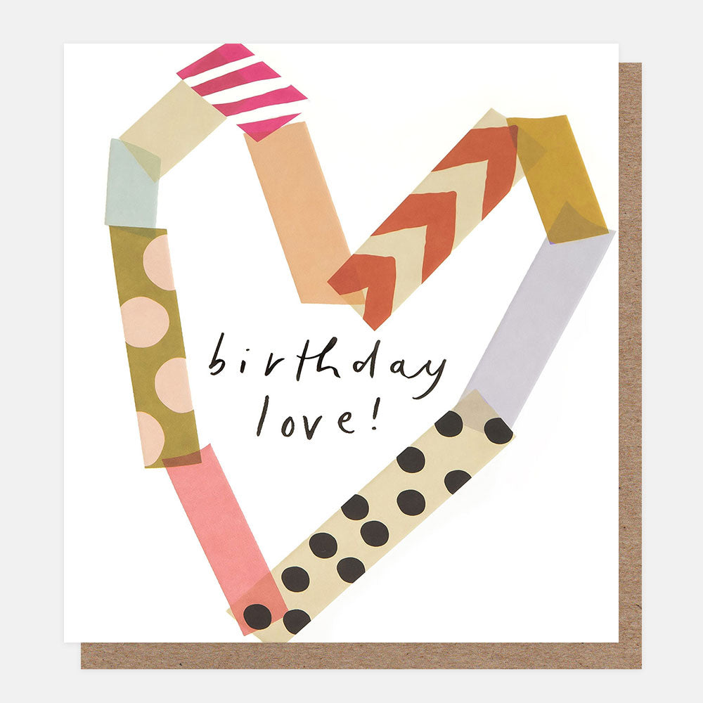 Colorful card with geometric patterns and 'birthday love!' text on a white background
