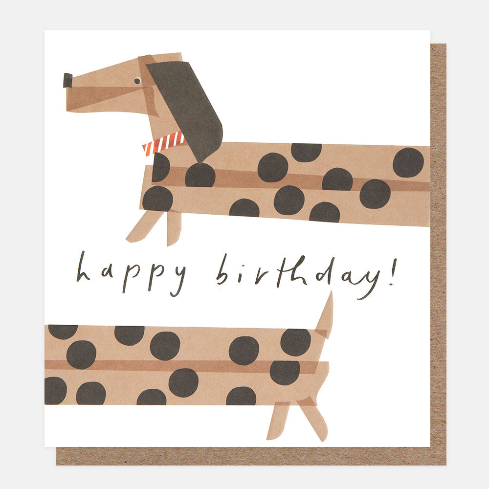 Birthday card with dachshund illustration and 'happy birthday!' text on a white background