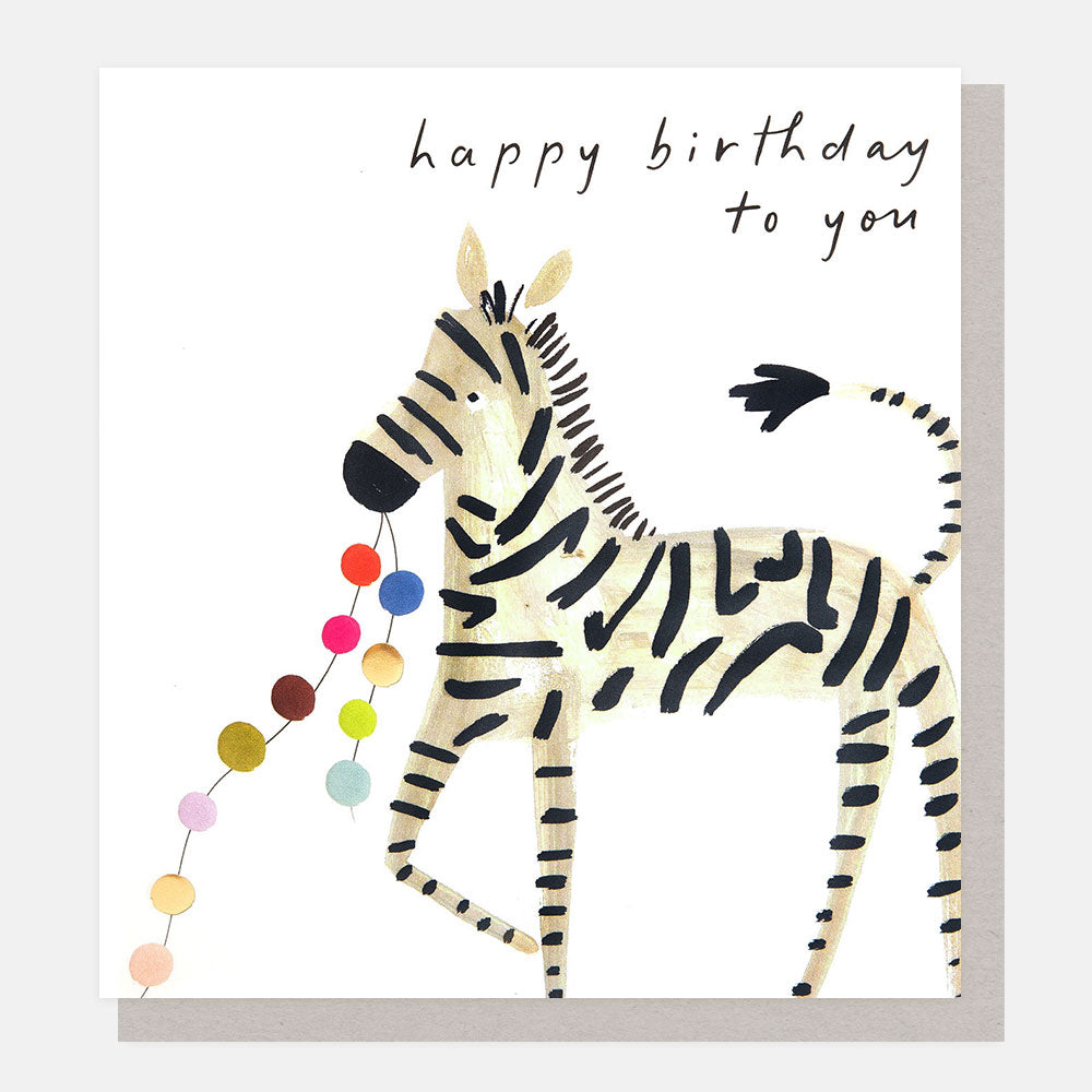 zebra with colourful garland happy birthday to you card