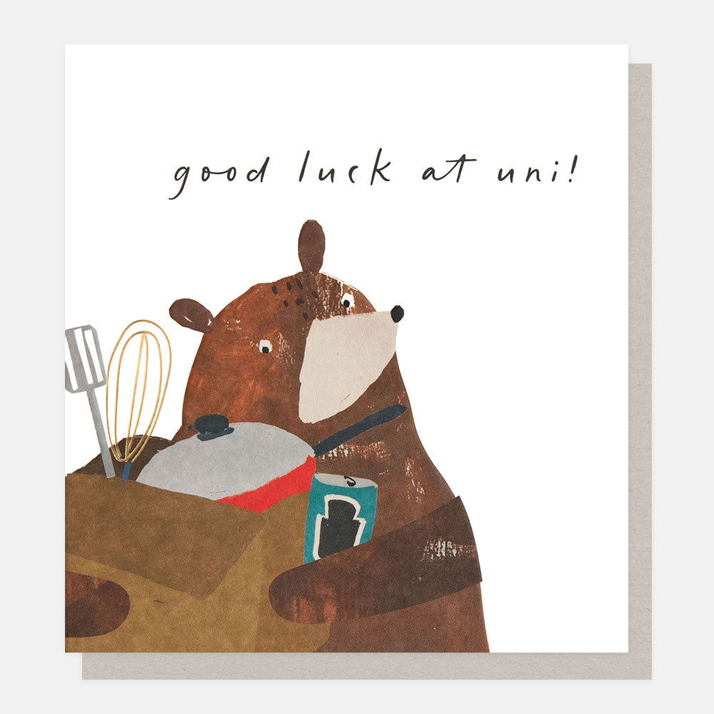 off to university greetings card featuring a bear holding a box of kitchenware with the words good luck at uni