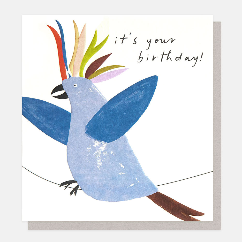 birthday card featuring a blue parrot with colourful crest perched on a string and the words it's your birthday