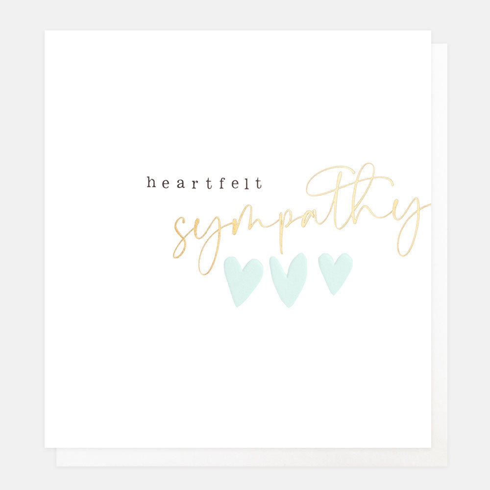 sympathy card with a 'heartfelt sympathy' message and three soft blue hearts