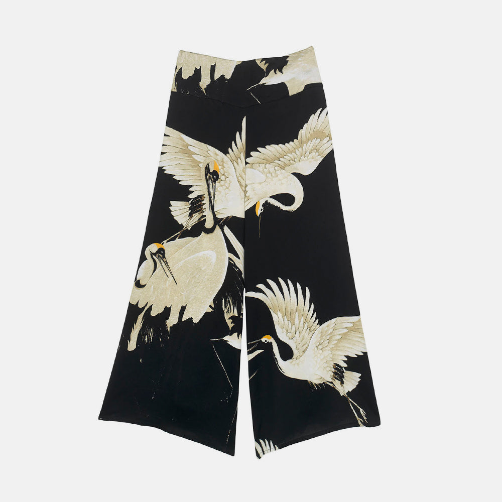 Black stork print palazzo pants