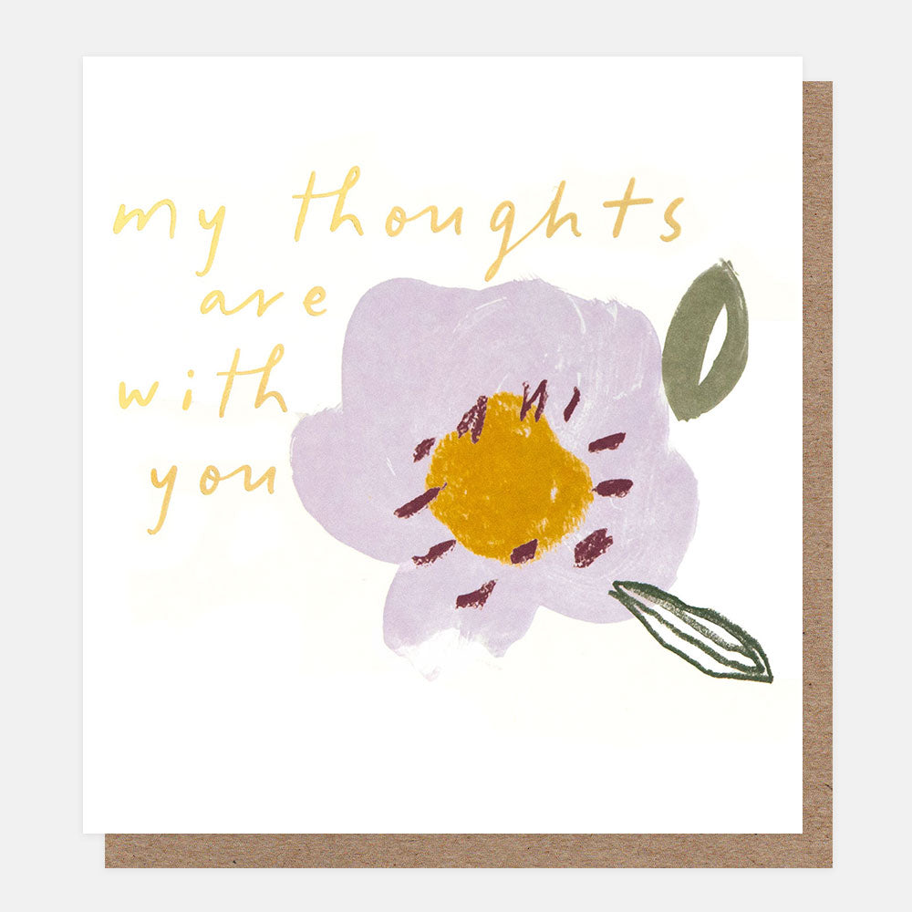 Card with a purple flower illustration and 'my thoughts are with you' text on a white background