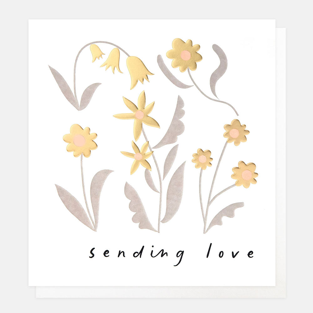 Thinking of you card with design of gold flowers and the text 'sending love'