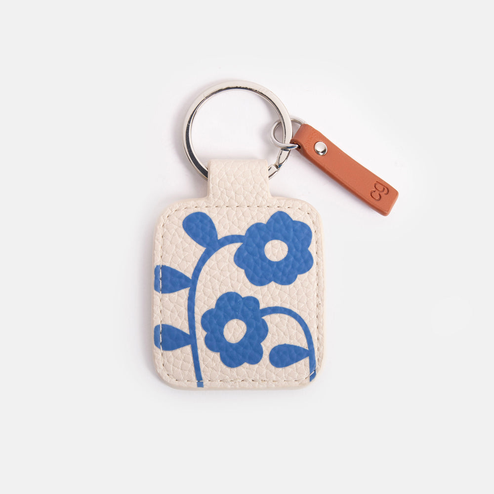 leather look PU square tab padded keyring in blue flower design
