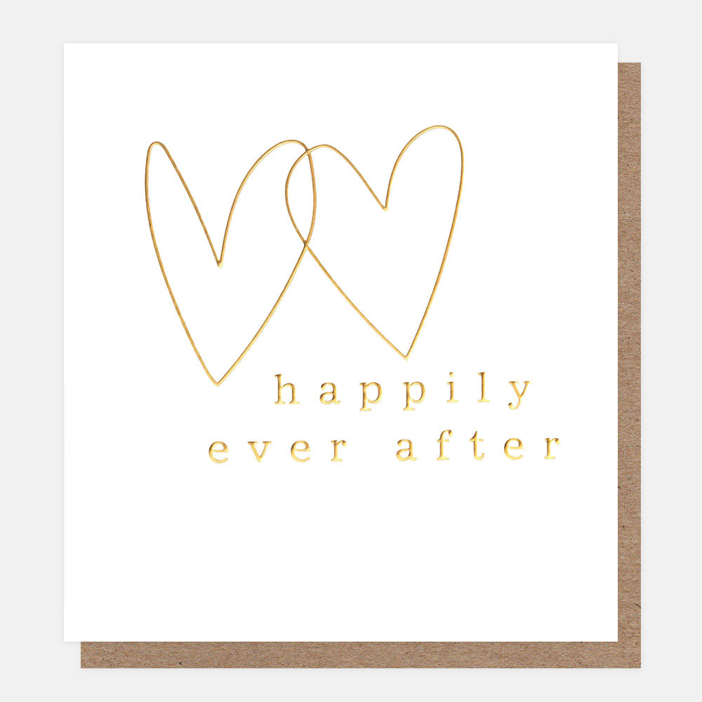 wedding card featuring 2 gold overlapping hearts and the words happily ever after