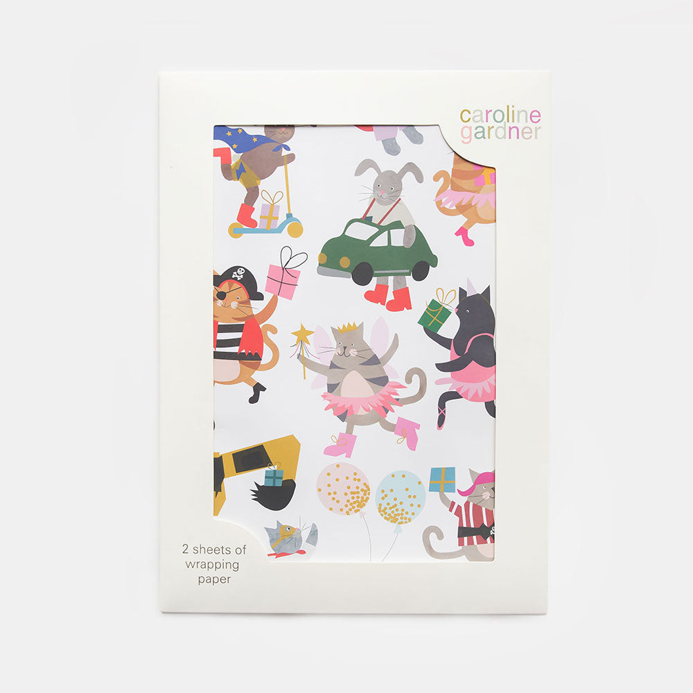 set of wrapping paper sheets featuring hand drawn animals dressed up in fancy dress with pirate cats, princess dogs and super hero rabbits