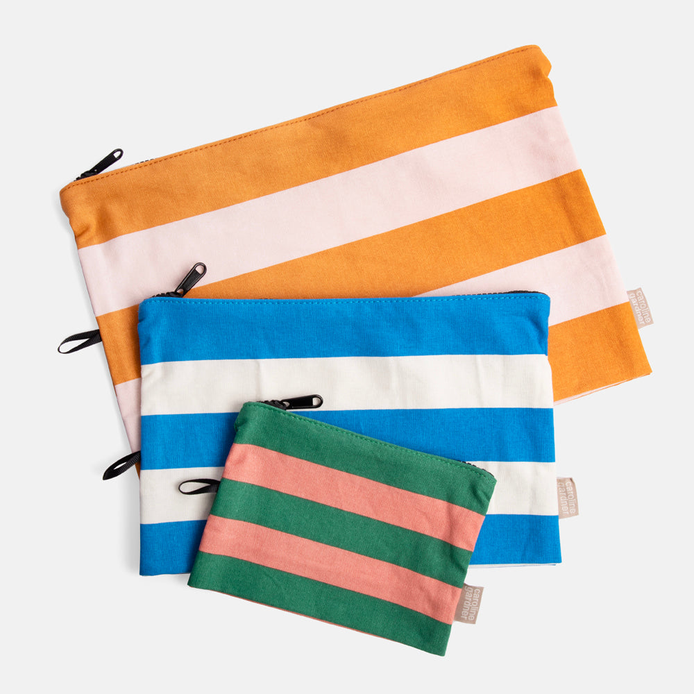 set of 3 multi coloured stripe travel pouches