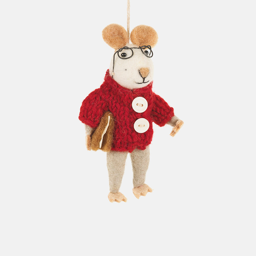 wool felt mouse christmas tree decoration with glasses and book under it's arm