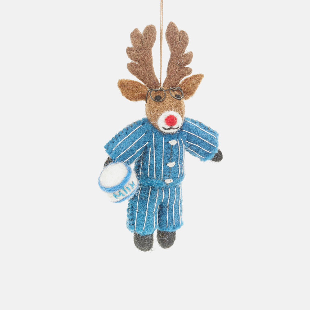 wool felt red nosed reindeer in pyjamas Christmas tree decoration