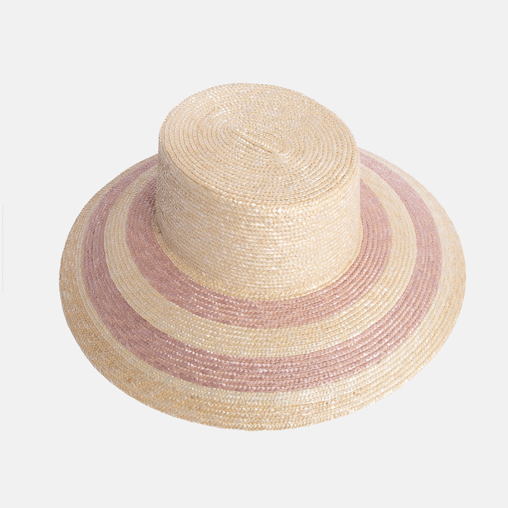 natural & pink stripe woven straw wide brim hat, handmade in Italy by Ferruccio Vecchi