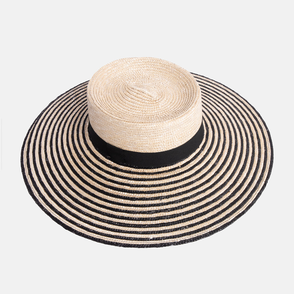 wide brimmed black stripe straw hat, hand made in Italy by Ferruccio Vecchi