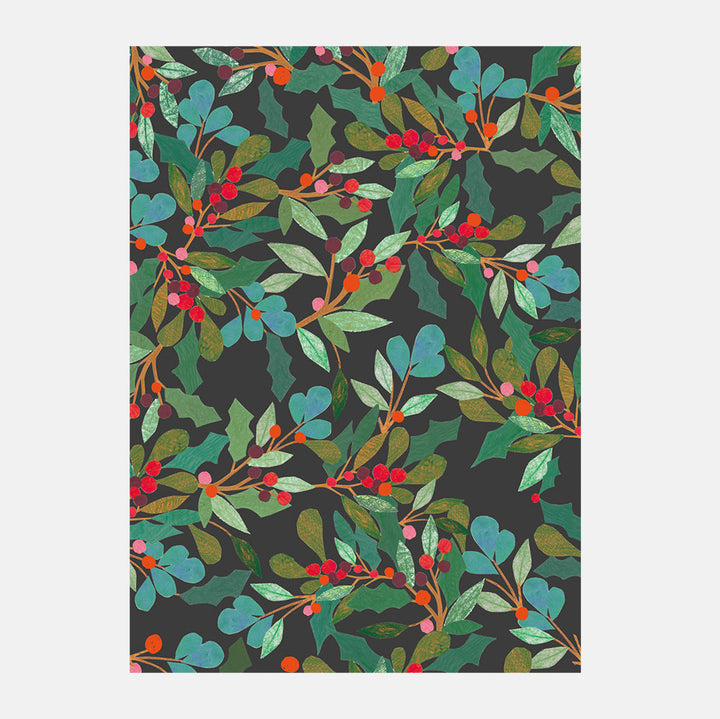 Christmas wrapping paper with holly & berries design on a dark background