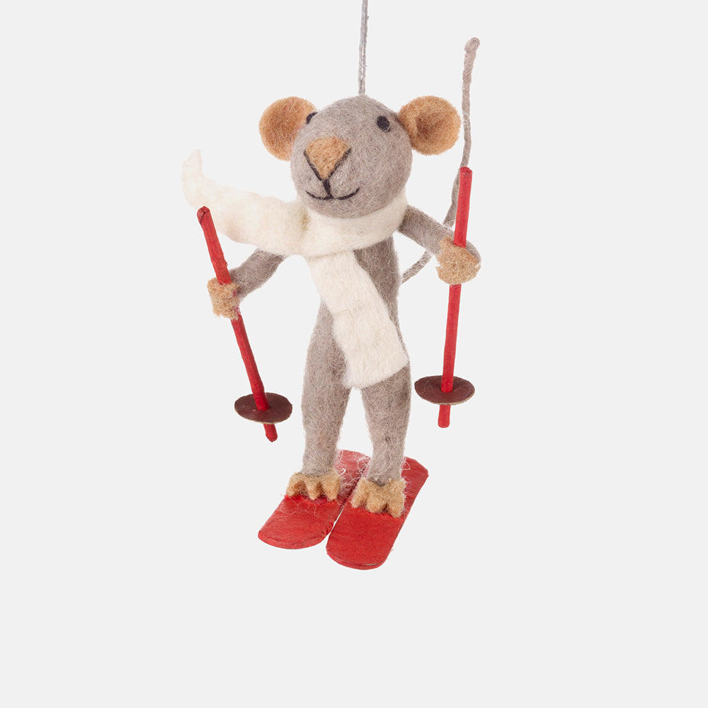 wool felt mouse on skis Christmas tree decoration