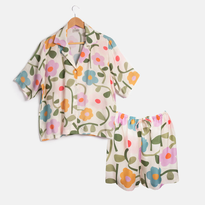 women's multi coloured flower print short sleeved shirt and shorts pyjama set