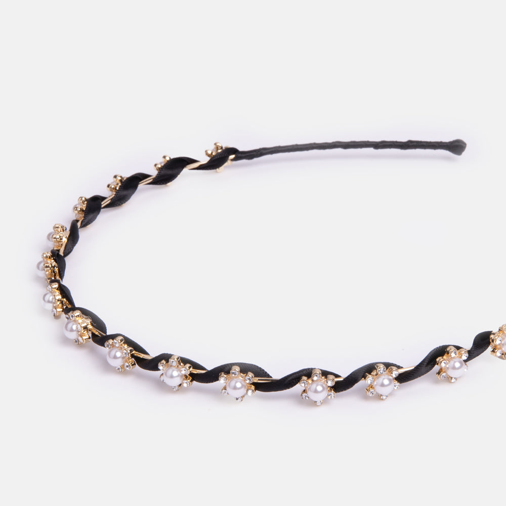 black twisted thin hairband with pearls and crystals