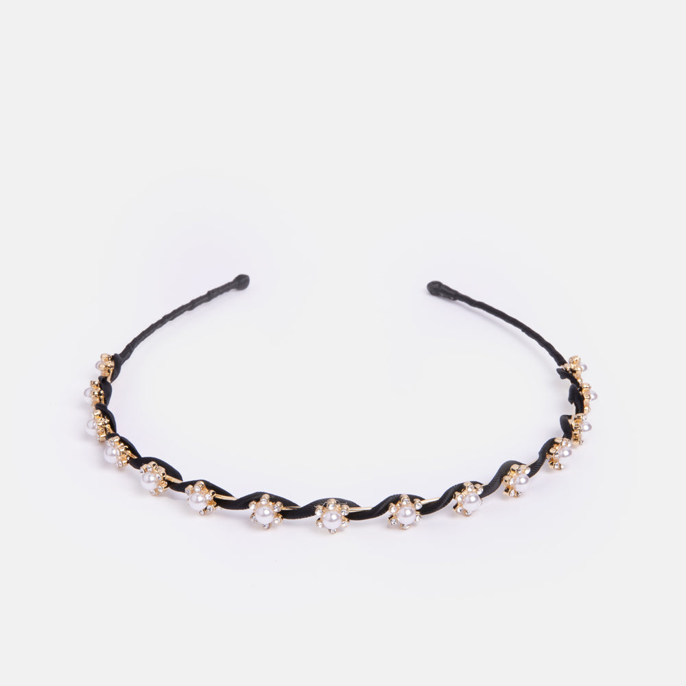 black twisted thin hairband with pearls and crystals