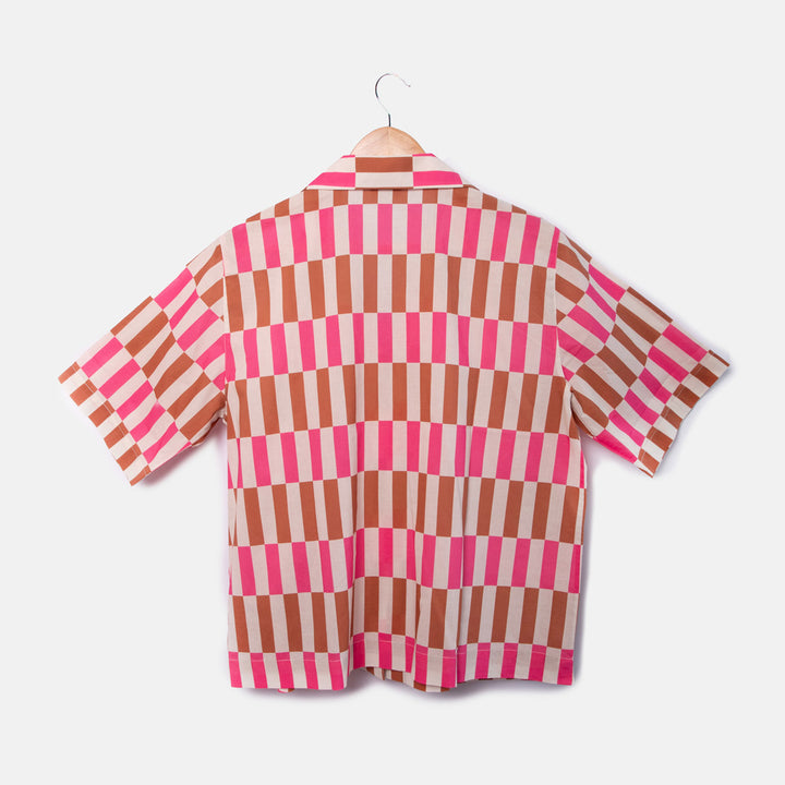 pink & brown offset stripe cotton revere collar short sleeved pyjama shirt