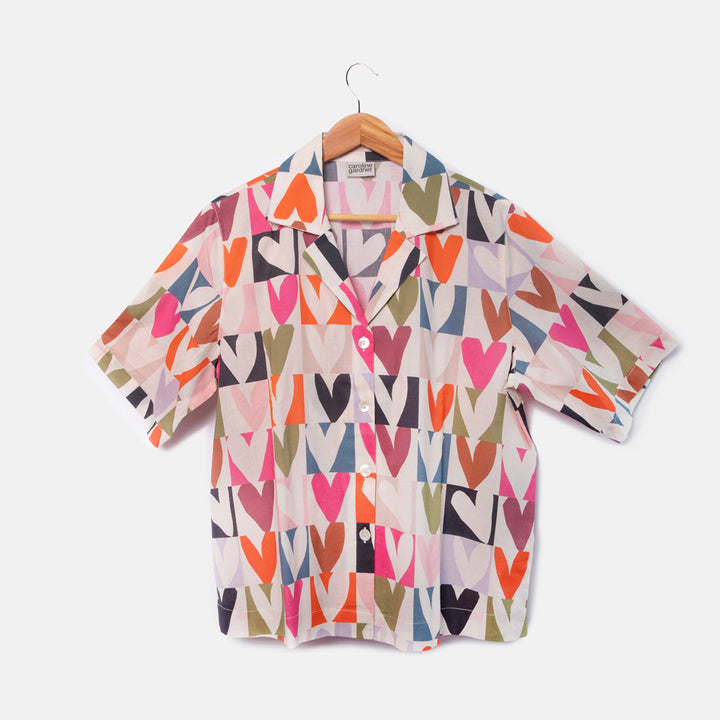 short sleeve pyjama shirt in bright colourful grid hearts design