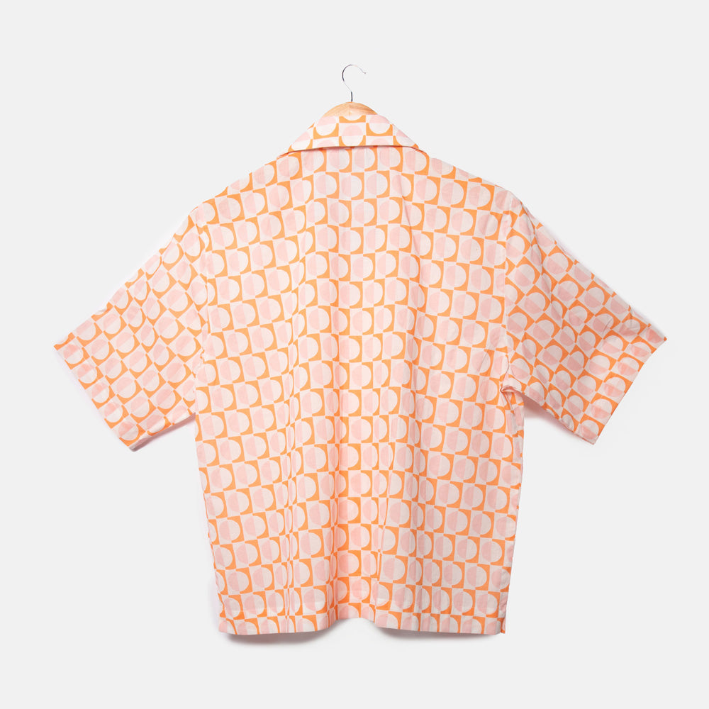 pastel pink & orange geometric circles print cotton revere collar short sleeved pyjama shirt