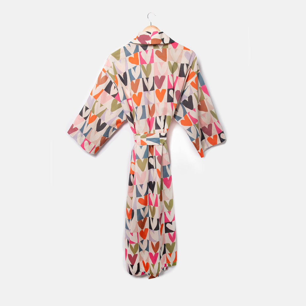 multi coloured checked hearts print cotton dressing gown