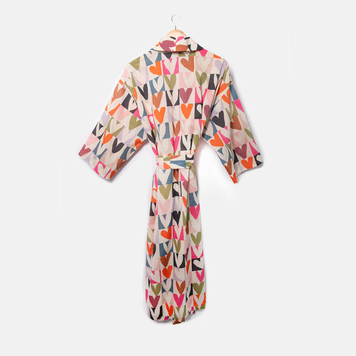 multi coloured checked hearts print cotton dressing gown