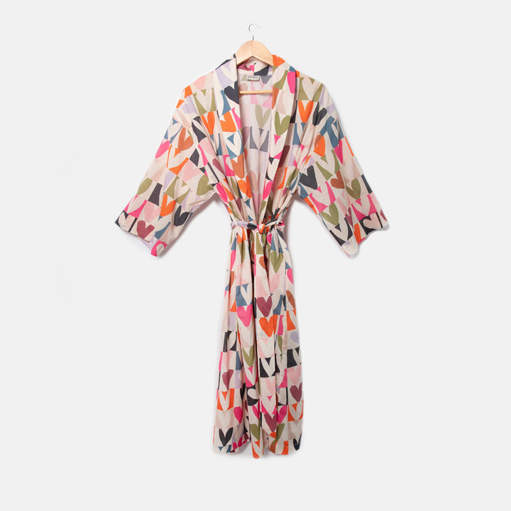 multi coloured checked hearts print cotton dressing gown