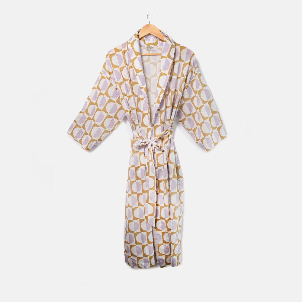 lilac & moss green geometric circles print cotton dressing gown