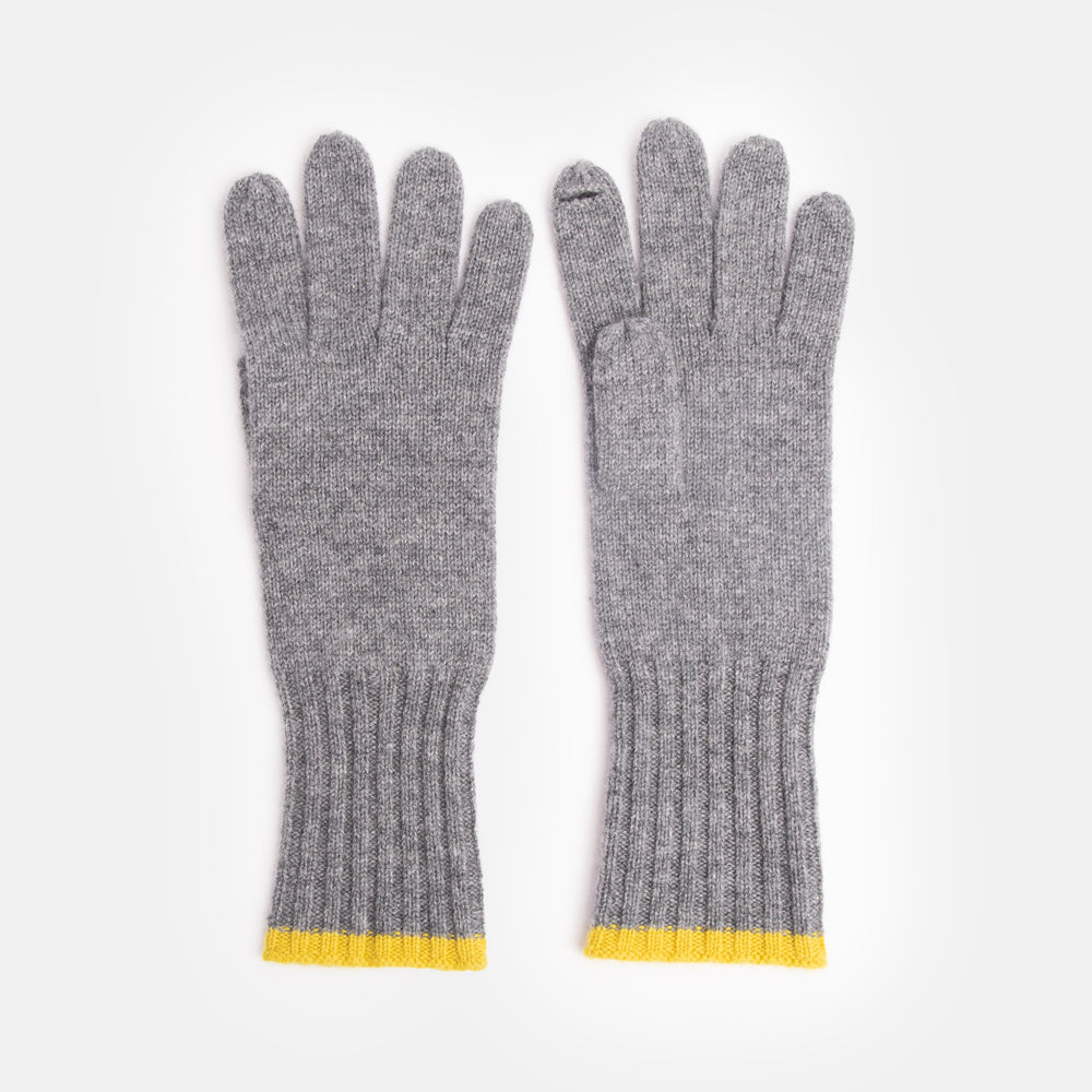 grey pure cashmere gloves with yellow trim at the wrist