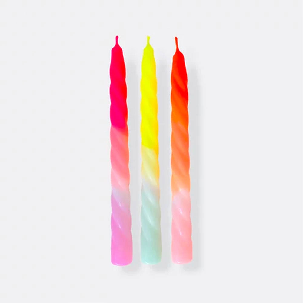 bright multi-coloured twisted candles set of 3