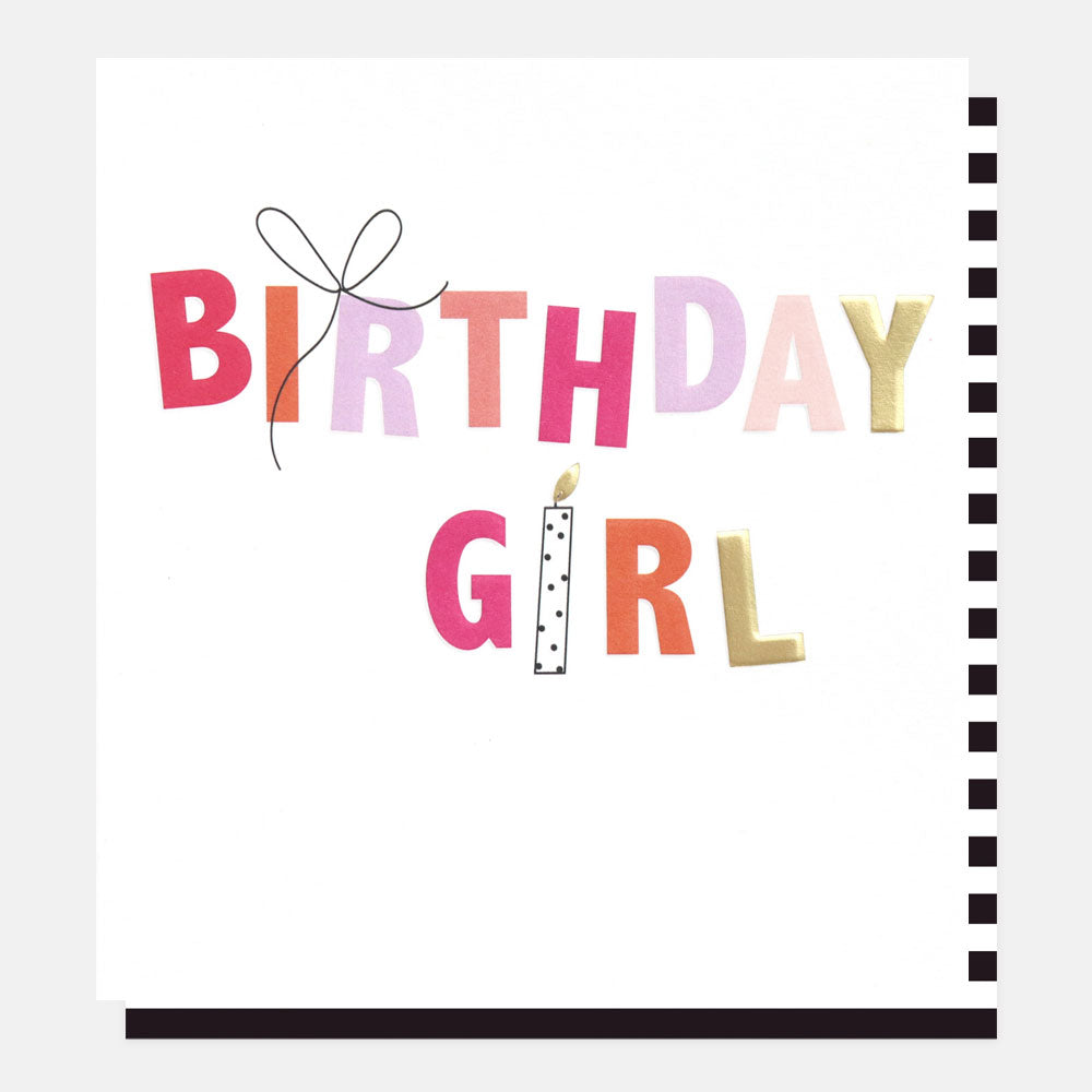 birthday girl slogan card with bow and candle design on white background