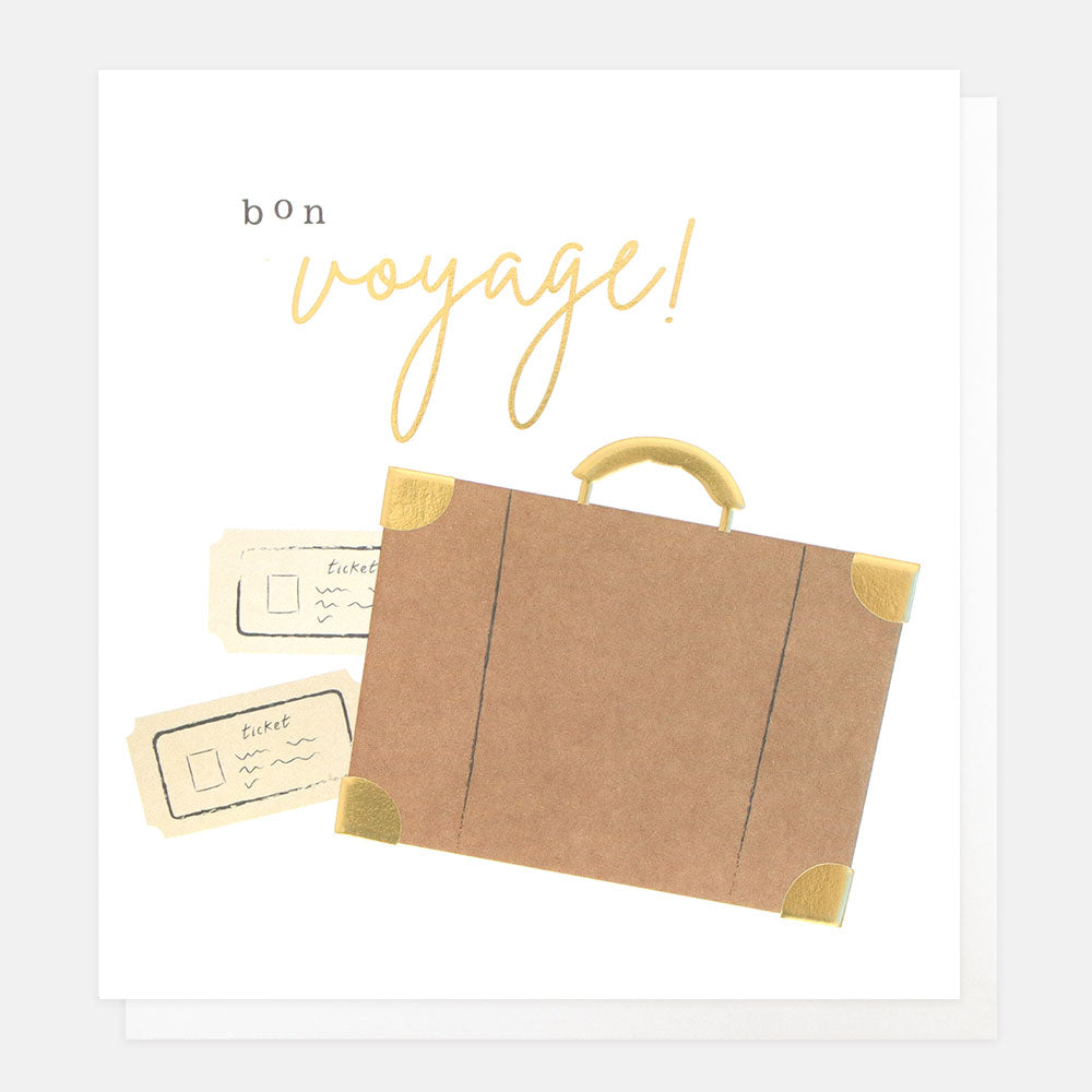 suitcase and tickets 'bon voyage' good luck on your travels card