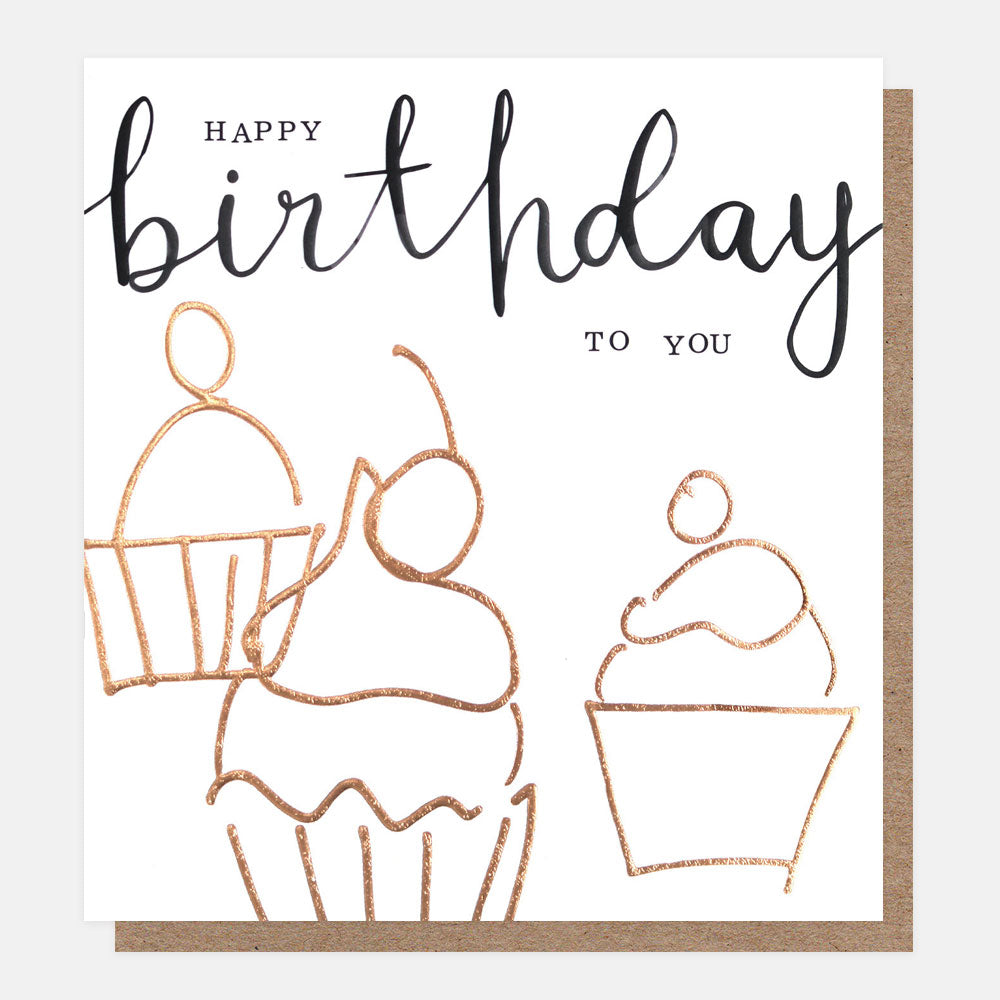 happy birthday to you slogan card with gold cupcakes design on white background