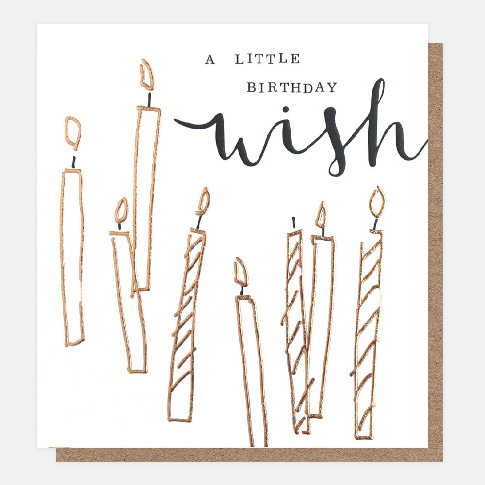 a little birthday wish slogan card with gold candles design on white background 