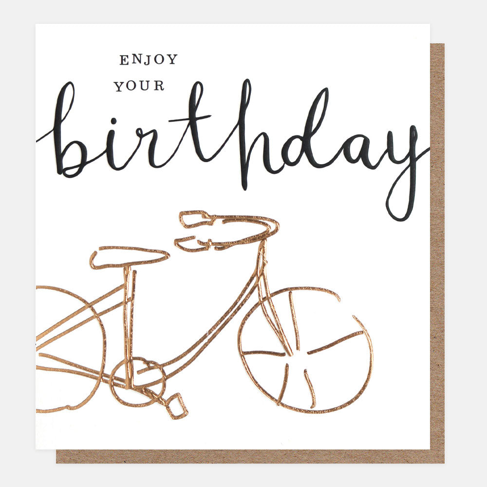 enjoy your birthday slogan card with gold bicycle bike on white background
